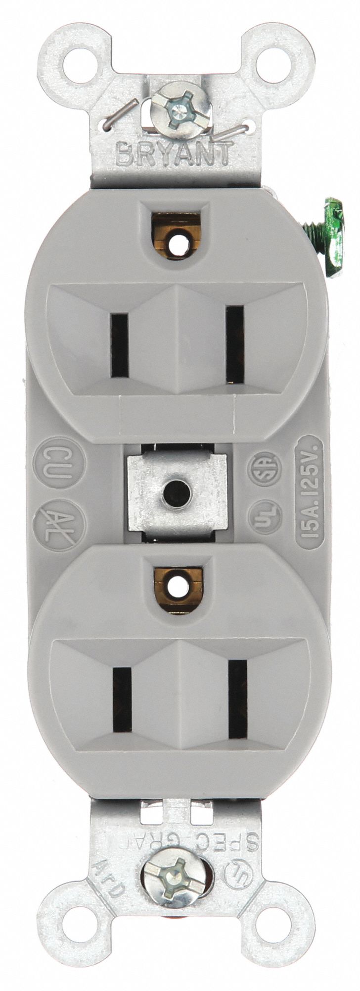 PRISE, DOUBLE, 2 PÔLES/3 FILS, COMPOSITE, THERMOPLASTIQUE, 125 V CA, 15 A, BORNES À VIS, 5-15R, 1/2 HP, 10 AWG, GRIS