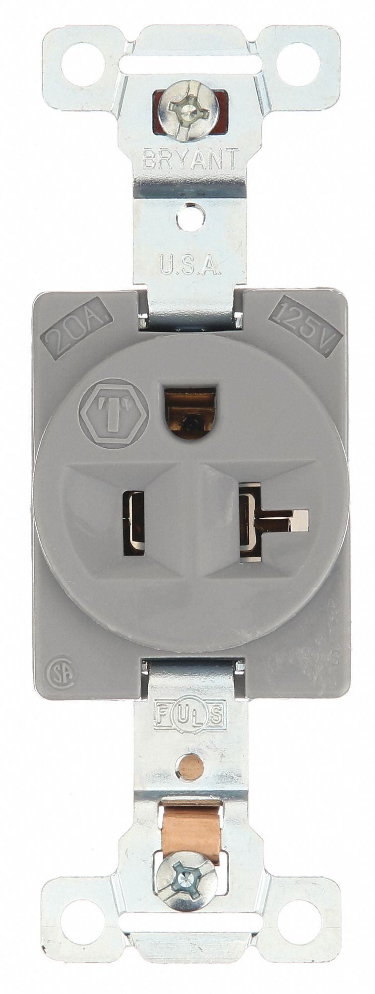 Receptacle: Single, Gray, 5-20R, 20 A, 125V AC, 2 Pole / 3 Wire, Screw Terminals, Gen Use