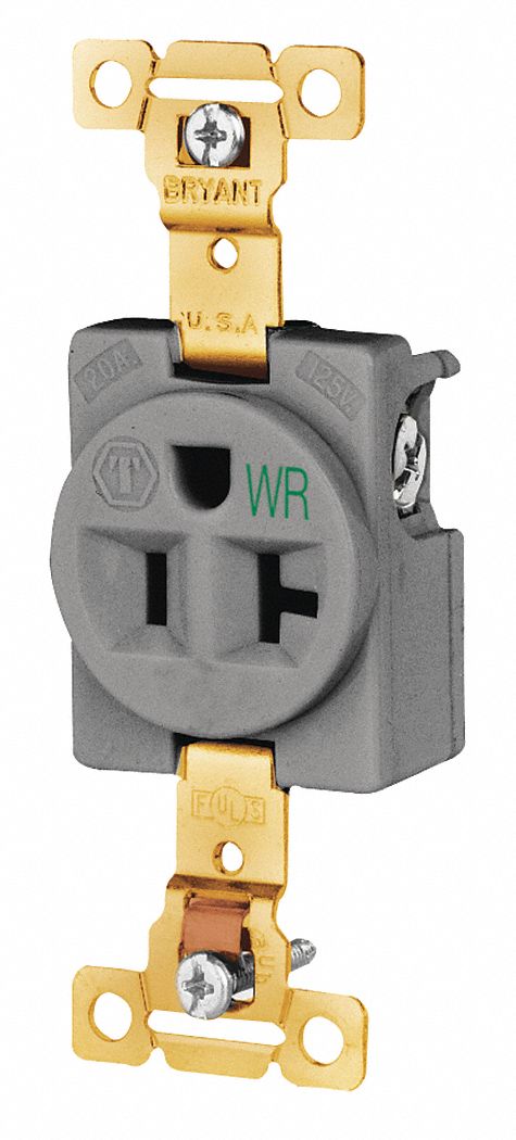 Receptacle: Single, Gray, 5-20R, 20 A, 125V AC, 2 Pole / 3 Wire, Screw Terminals, Gen Use