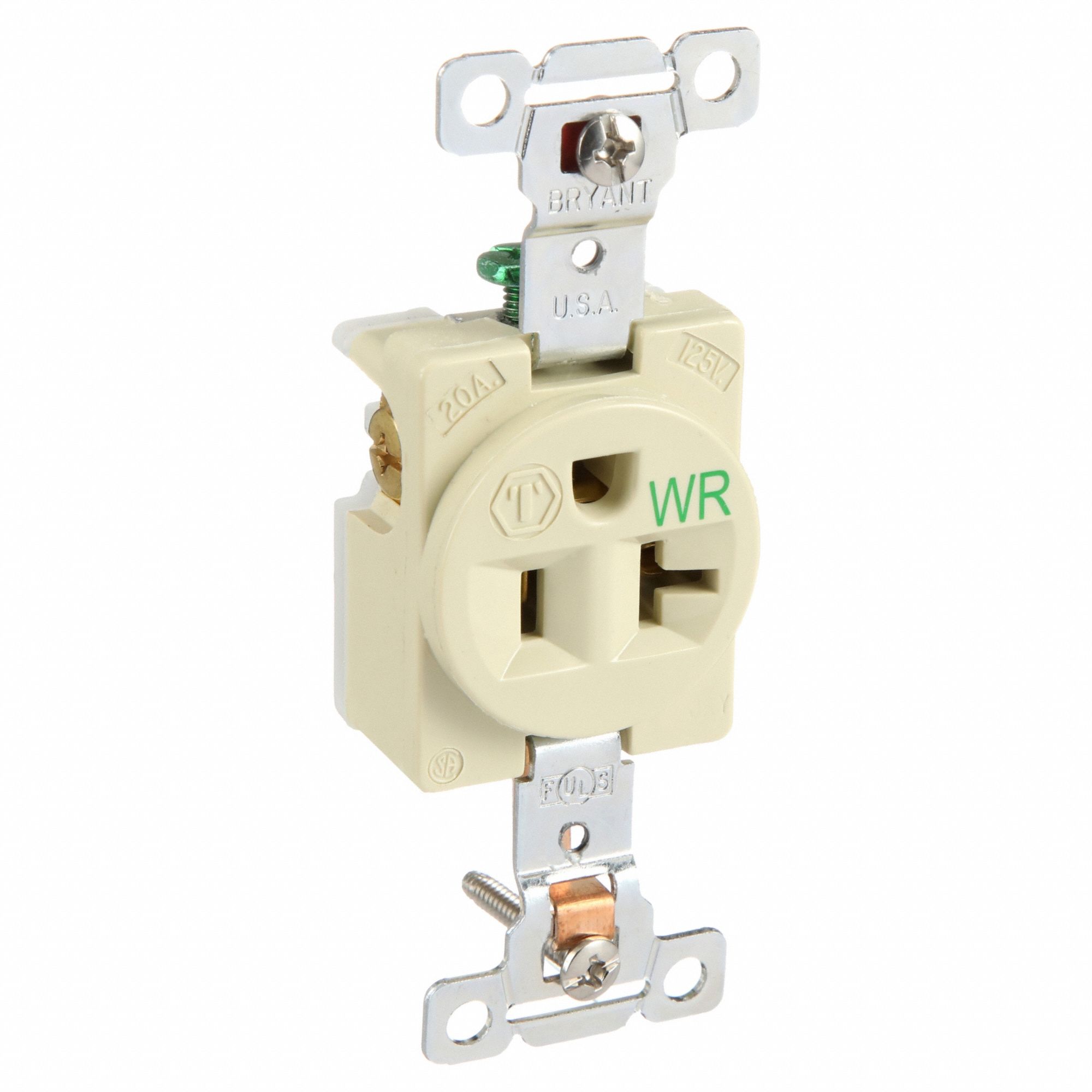 Receptacle: Single, White, 5-20R, 20 A, 125V AC, 2 Pole / 3 Wire, Screw Terminals, Gen Use