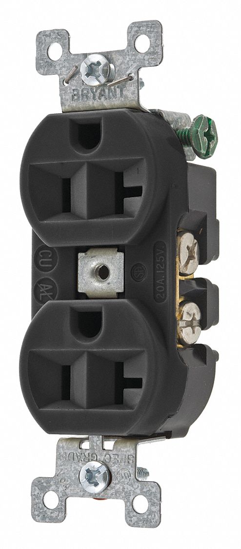 RECEPTACLE, DUPLEX, BLACK, 5-20R, 20 A, 125V AC, 2 POLE/3 WIRE, SCREW TERMINALS