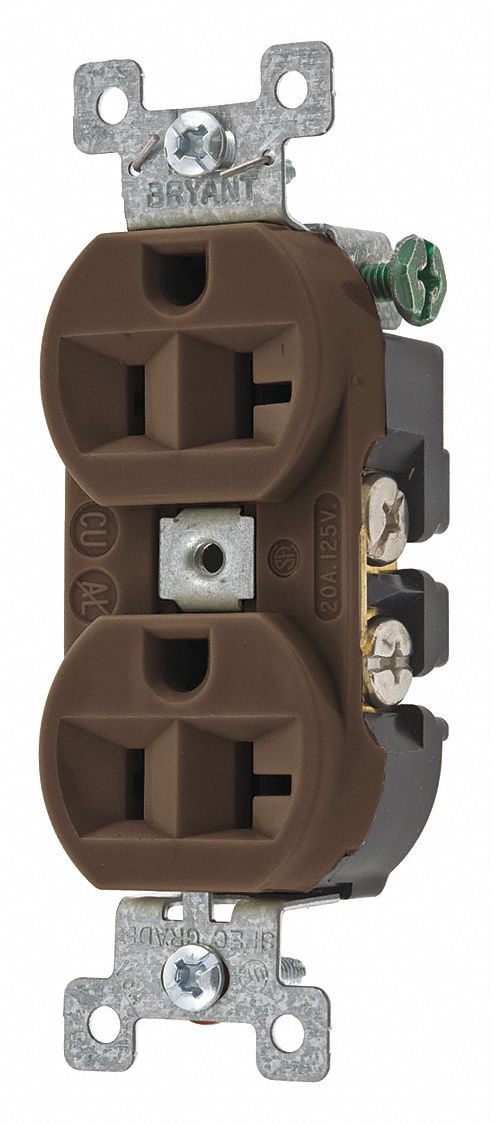 RECEPTACLE, DUPLEX, BROWN, 5-20R, 20 A, 125V AC, 2 POLE/3 WIRE, SCREW TERMINALS