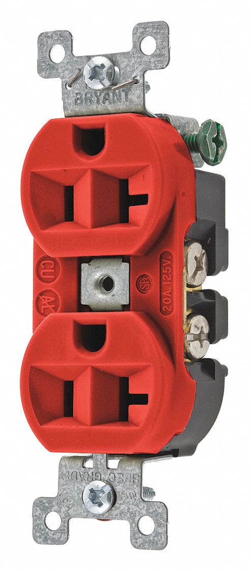 RECEPTACLE, DUPLEX, RED, 5-20R, 20 A, 125V AC, 2 POLE/3 WIRE, SCREW TERMINALS