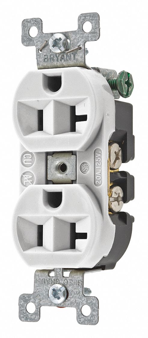 RECEPTACLE, DUPLEX, WHITE, 5-20R, 20 A, 125V AC, 2 POLE/3 WIRE, SCREW TERMINALS