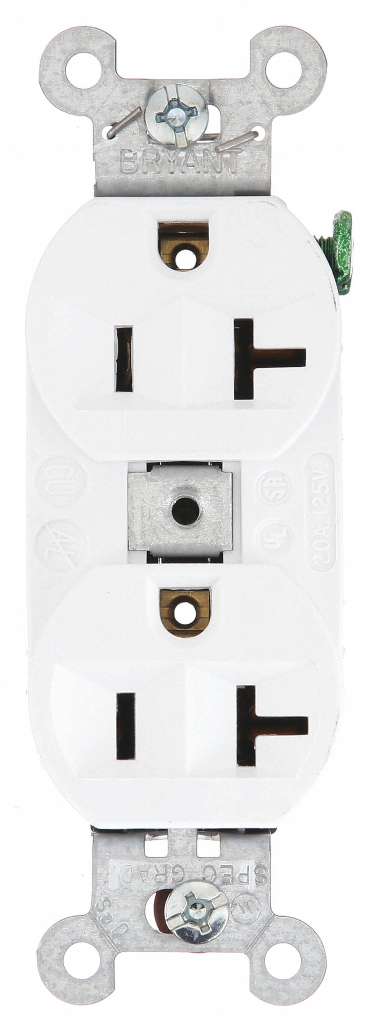RECEPTACLE, DUPLEX, WHITE, 5-20R, 20 A, 125V AC, 2 POLE/3 WIRE, SCREW TERMINALS