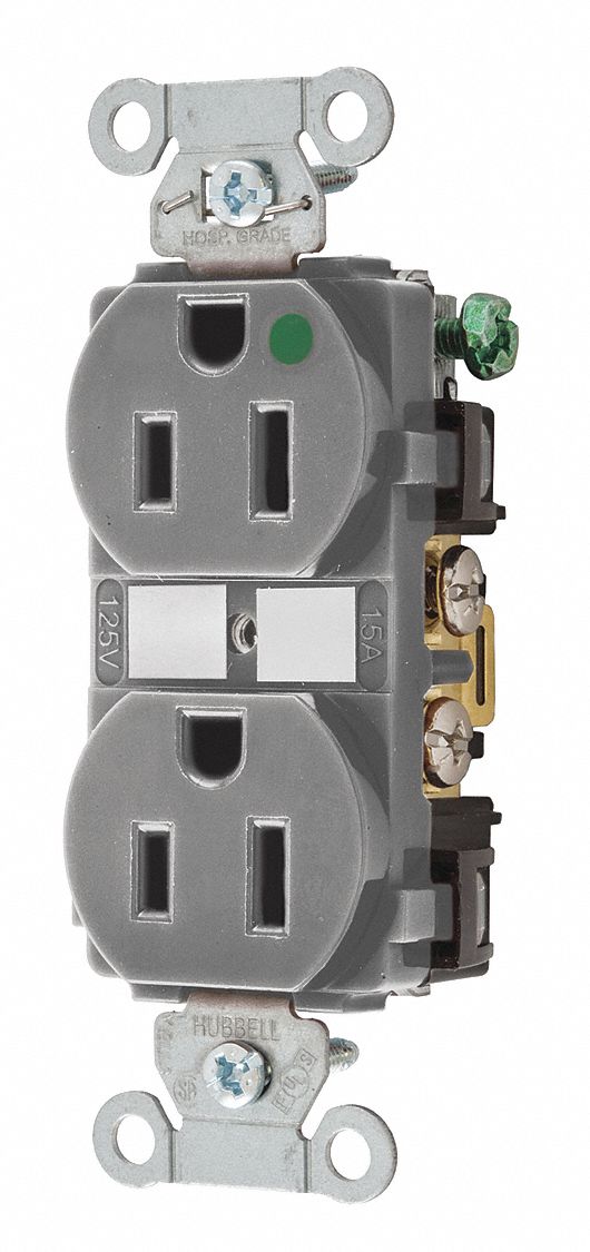 RECEPTACLE, DUPLEX, 5-15R, 15 A, 125V AC, GREY, 2 POLE/3 WIRE POLES AND WIRES