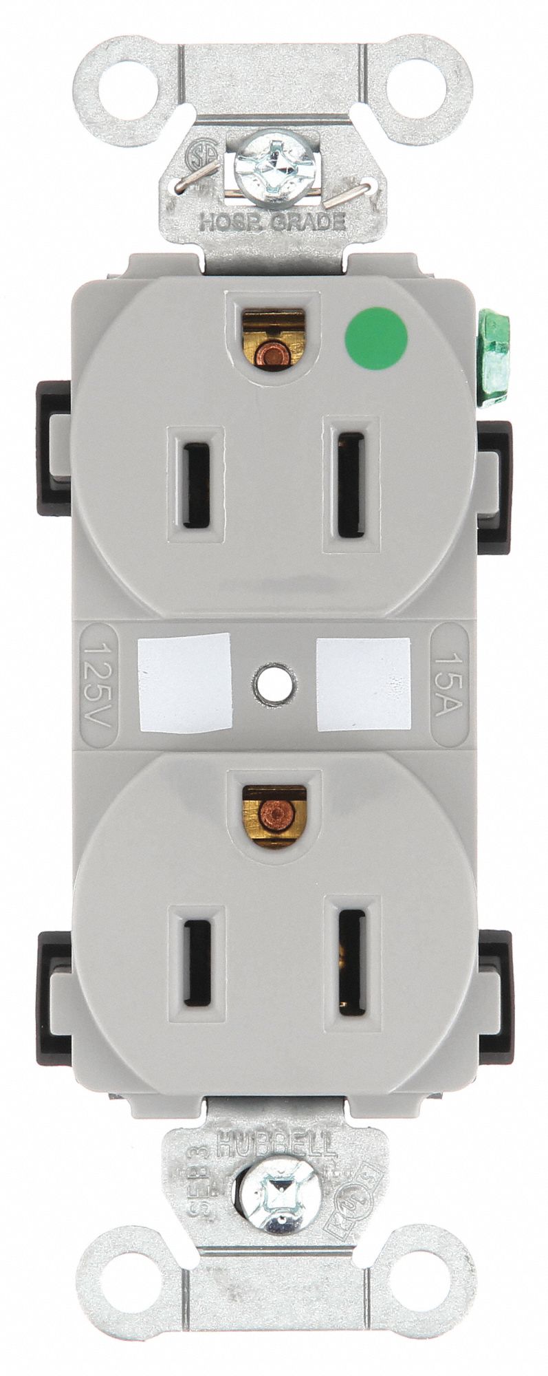 Receptacle: Duplex, 5-15R, 15 A, 125V AC, Gray, 2 Pole / 3 Wire Poles & Wires, Hospital Grade
