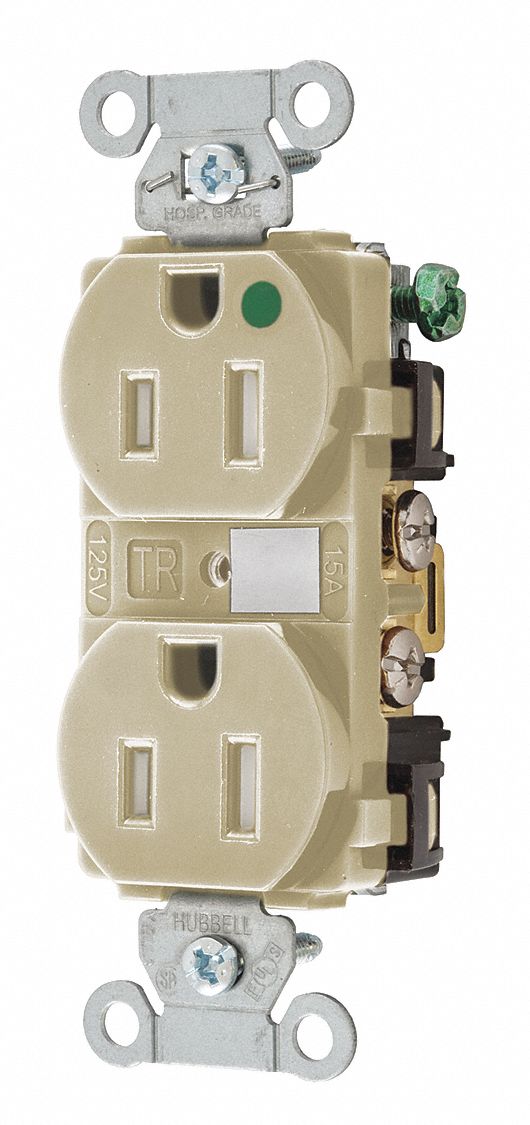 RECEPTACLE, DUPLEX, 5-15R, 15 A, 125V AC, IVORY, 2 POLE/3 WIRE POLES AND WIRES