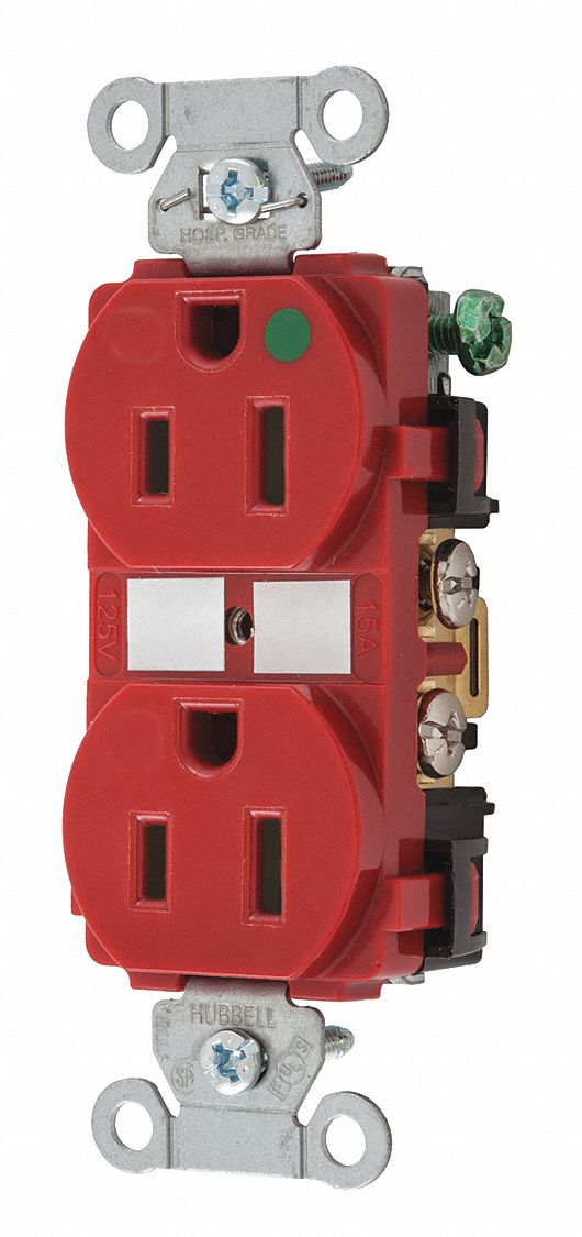 RECEPTACLE, DUPLEX, 5-15R, 15 A, 125V AC, RED, 2 POLE/3 WIRE POLES AND WIRES