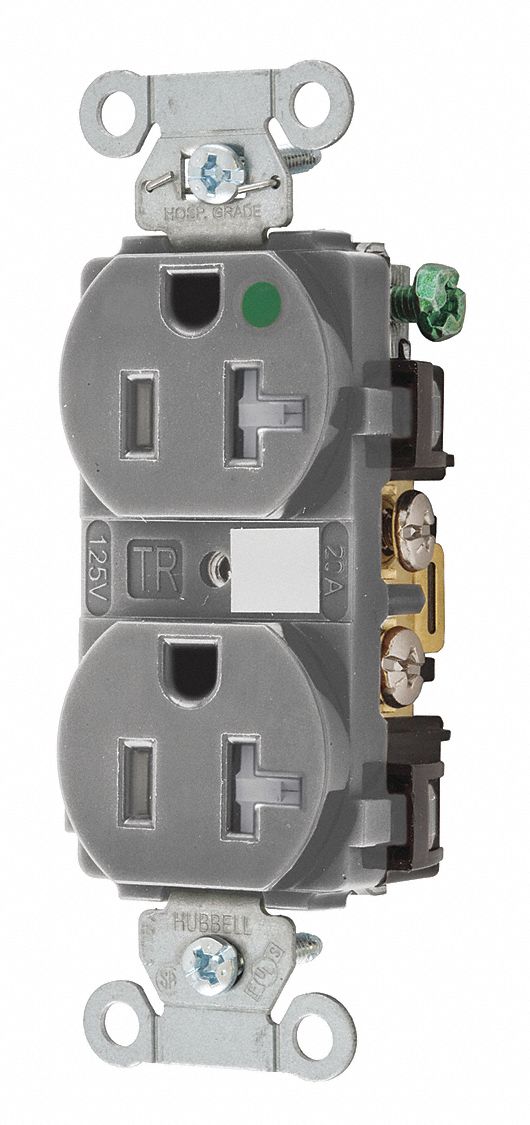 RECEPTACLE, DUPLEX, 5-20R, 20 A, 125V AC, GREY, 2 POLE/3 WIRE POLES AND WIRES