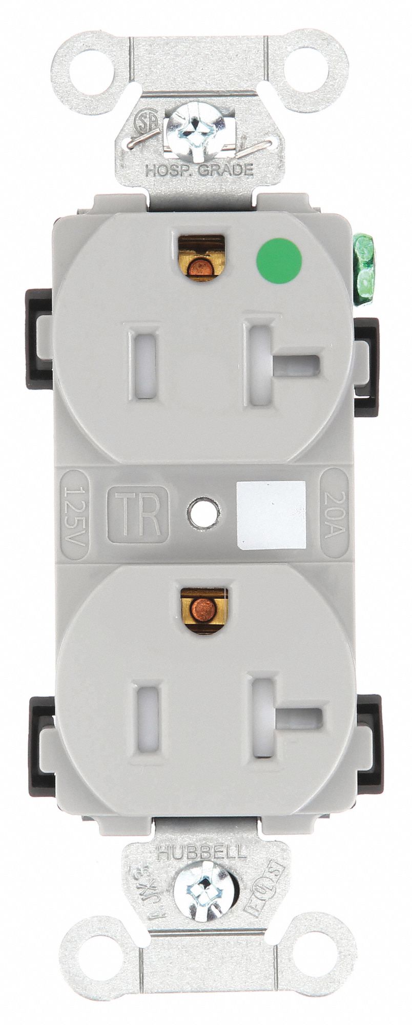 Receptacle: Duplex, 5-20R, 20 A, 125V AC, Gray, 2 Pole / 3 Wire Poles & Wires, Hospital Grade