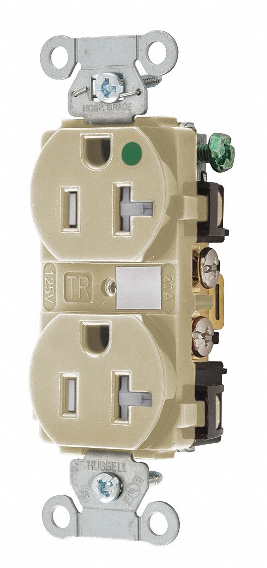 RECEPTACLE, DUPLEX, 5-20R, 20 A, 125V AC, IVORY, 2 POLE/3 WIRE POLES AND WIRES