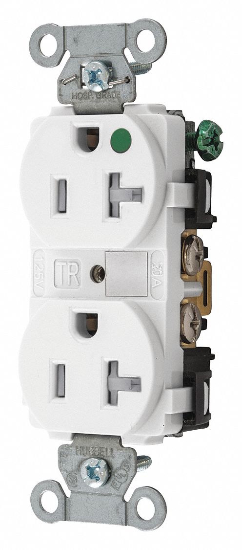 RECEPTACLE, DUPLEX, 5-20R, 20 A, 125V AC, WHITE, 2 POLE/3 WIRE POLES AND WIRES