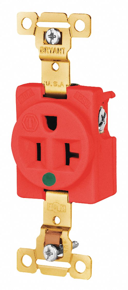 RECEPTACLE, SINGLE, 5-20R, 20 A, 125V AC, RED, 2 POLE/3 WIRE POLES AND WIRES