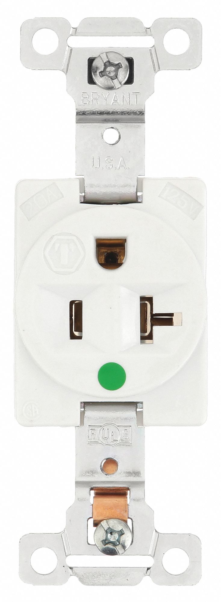 Receptacle: Single, 5-20R, 20 A, 125V AC, White, 2 Pole / 3 Wire Poles & Wires