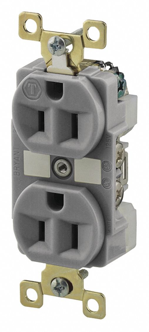 RECEPTACLE, DUPLEX, 5-15R, 125V AC, 15 A, GREY, 2 POLE/3 WIRE, SCREW TERMINALS