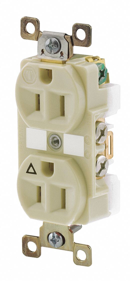 Receptacle: Duplex, 5-15R, 125V AC, 15 A, Ivory, 2 Pole / 3 Wire, Screw Terminals