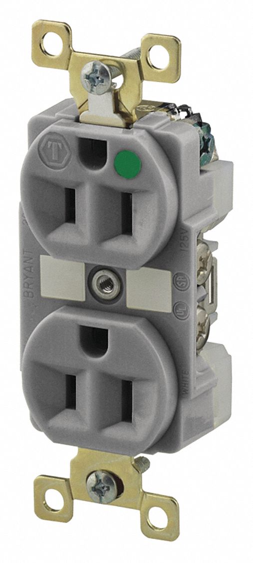 RECEPTACLE, DUPLEX, 5-15R, 15 A, 125V AC, GREY, 2 POLE/3 WIRE POLES AND WIRES