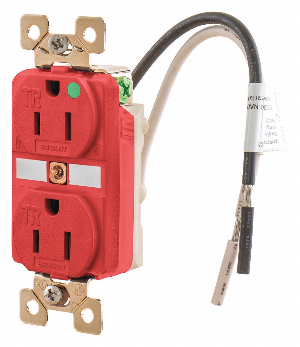 RECEPTACLE, DUPLEX, 5-15R, 15 A, 125V AC, RED, 2 POLE/3 WIRE POLES AND WIRES