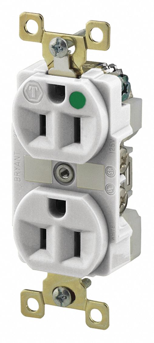 RECEPTACLE, DUPLEX, 5-15R, 15 A, 125V AC, WHITE, 2 POLE/3 WIRE POLES AND WIRES