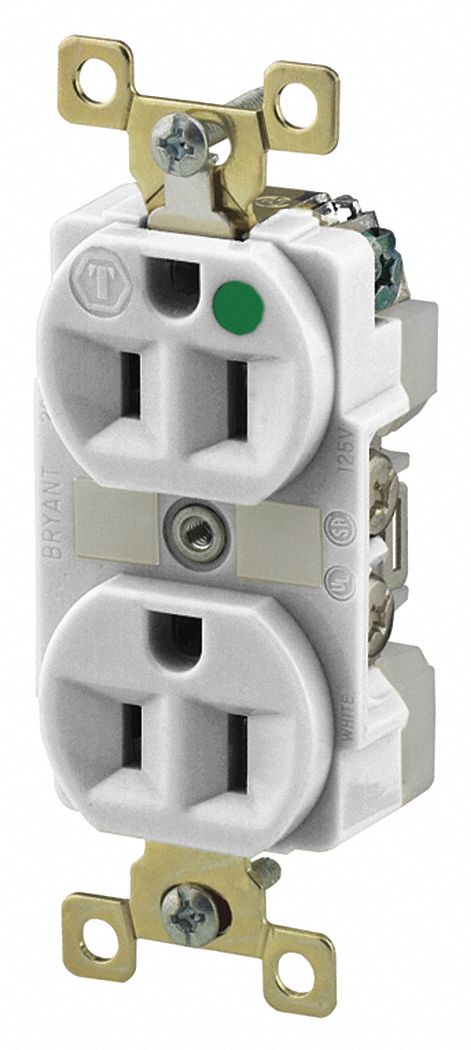 Receptacle: Duplex, 5-15R, 15 A, 125V AC, White, 2 Pole / 3 Wire Poles & Wires, Gen Purpose
