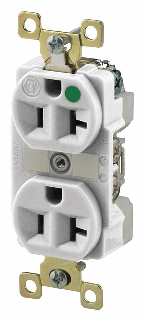 RECEPTACLE, DUPLEX, 5-20R, 20 A, 125V AC, WHITE, 2 POLE/3 WIRE POLES AND WIRES