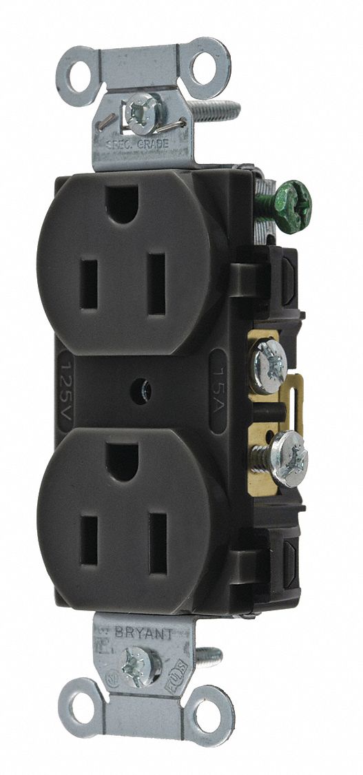 RECEPTACLE, DUPLEX, BLACK, 5-15R, 15 A, 125V AC, 2 POLE/3 WIRE, SCREW TERMINALS