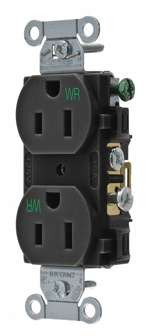 RECEPTACLE, DUPLEX, BLACK, 5-15R, 15 A, 125V AC, 2 POLE/3 WIRE, SCREW TERMINALS