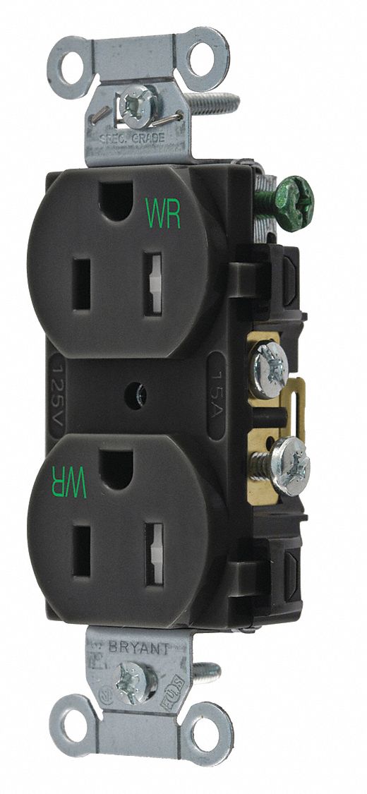 Receptacle: Duplex, Black, 5-15R, 15 A, 125V AC, 2 Pole / 3 Wire, Screw Terminals, Gen Use