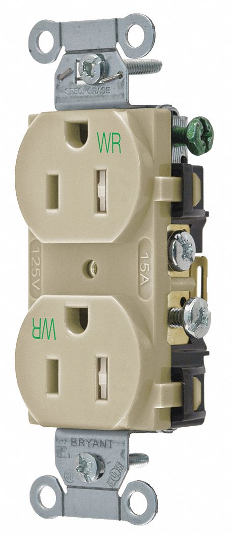 Receptacle: Duplex, Ivory, 5-15R, 15 A, 125V AC, 2 Pole / 3 Wire, Screw Terminals