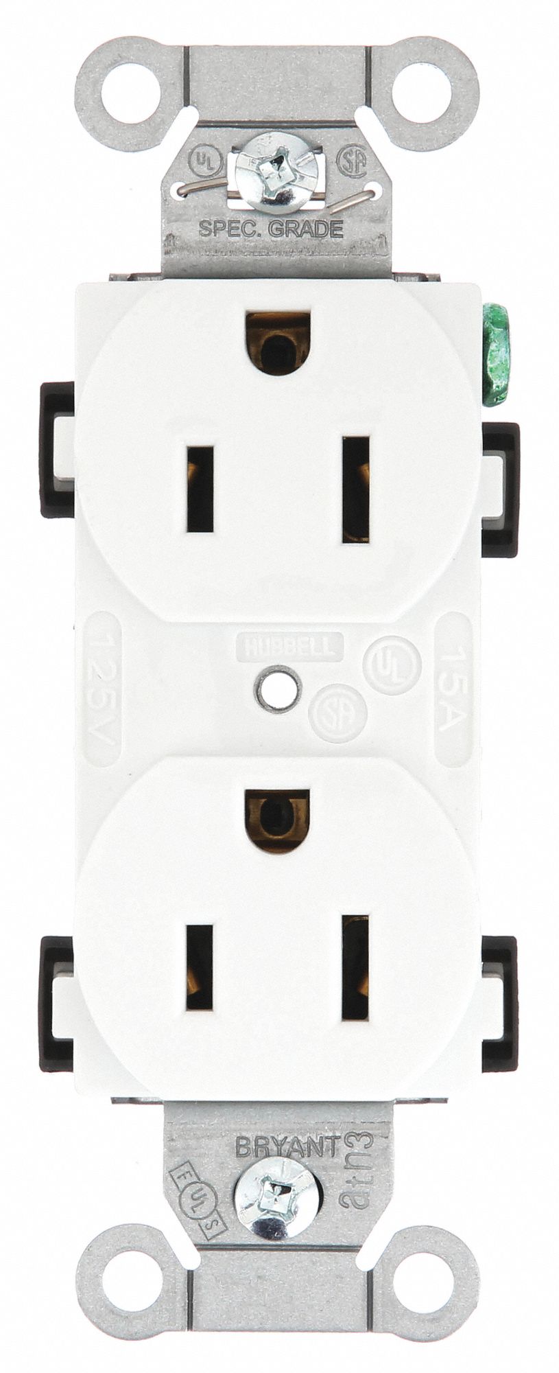 Receptacle: Duplex, White, 5-15R, 15 A, 125V AC, 2 Pole / 3 Wire, Screw Terminals, Gen Use