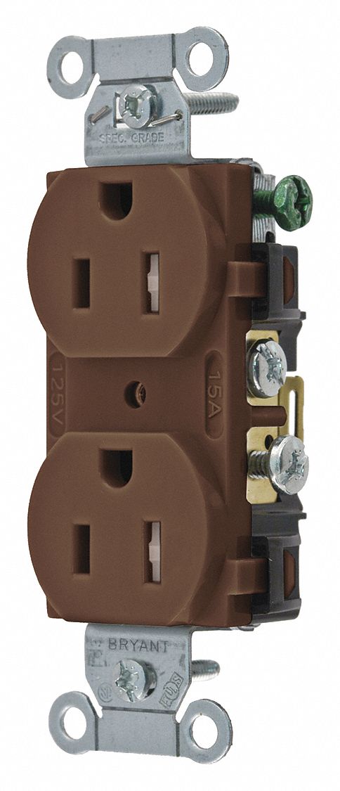 Receptacle: Duplex, Brown, 5-15R, 15 A, 125V AC, 2 Pole / 3 Wire, Screw Terminals