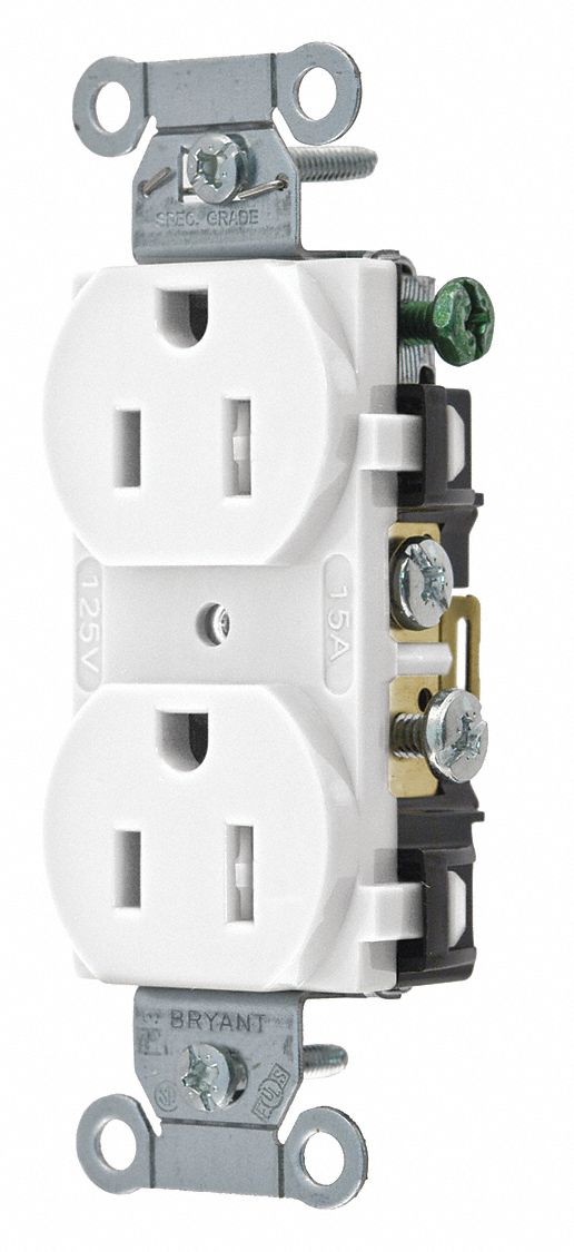 RECEPTACLE, DUPLEX, WHITE, 5-15R, 15 A, 125V AC, 2 POLE/3 WIRE, SCREW TERMINALS