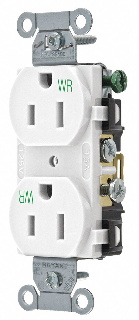 RECEPTACLE, DUPLEX, WHITE, 5-15R, 15 A, 125V AC, 2 POLE/3 WIRE, SCREW TERMINALS