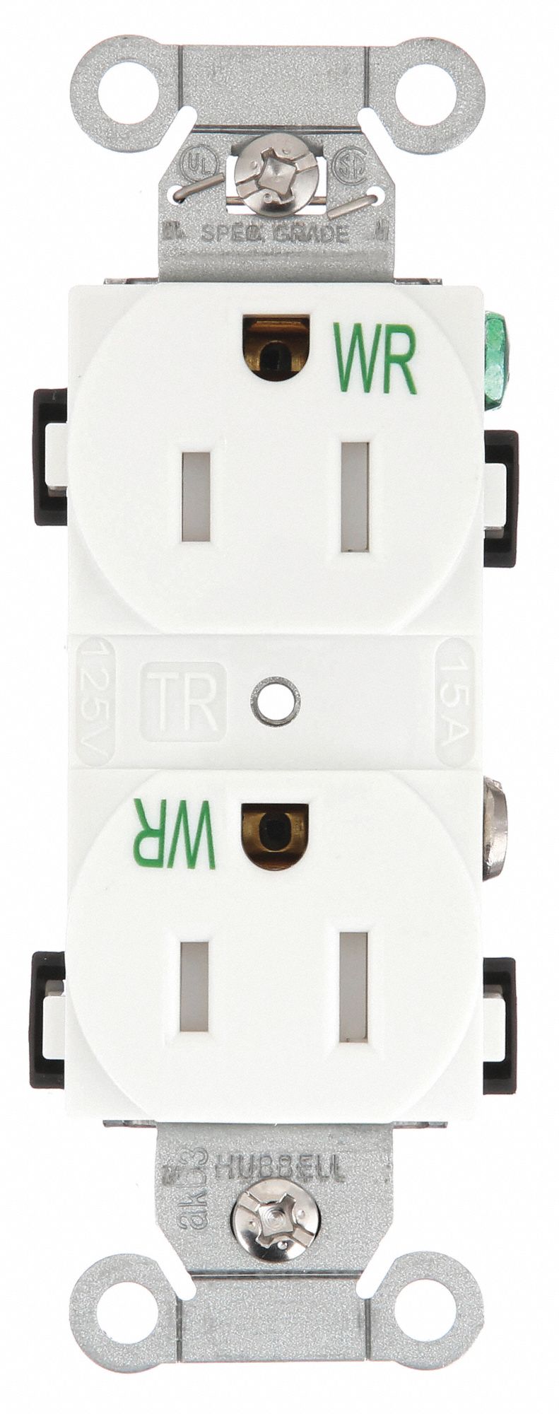 Receptacle: Duplex, White, 5-15R, 15 A, 125V AC, 2 Pole / 3 Wire, Screw Terminals, Gen Use