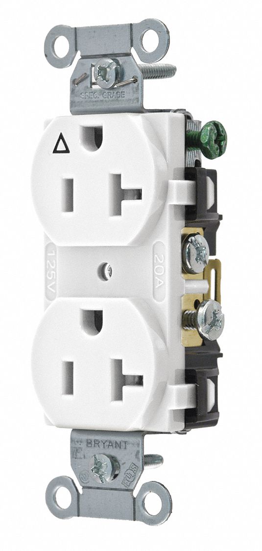 Receptacle: Duplex, White, 5-20R, 15 A, 125V AC, 2 Pole / 3 Wire, Screw Terminals