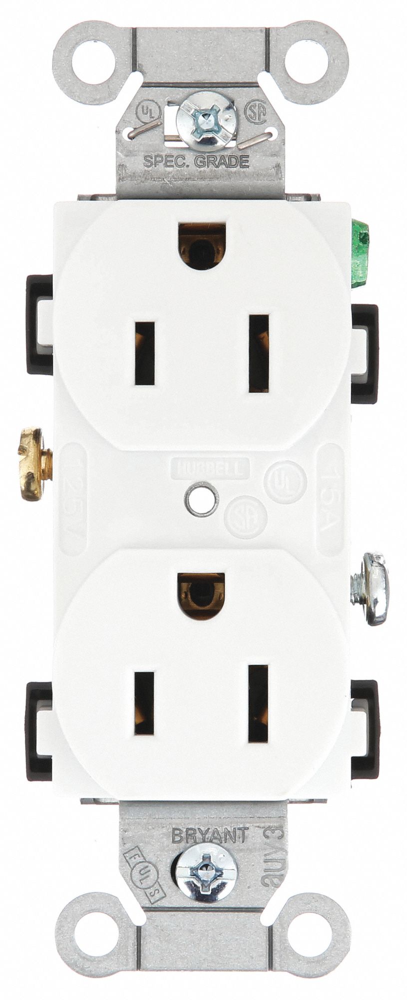 Receptacle: Duplex, White, 5-15R, 15 A, 125V AC, 2 Pole / 3 Wire, Screw Terminals