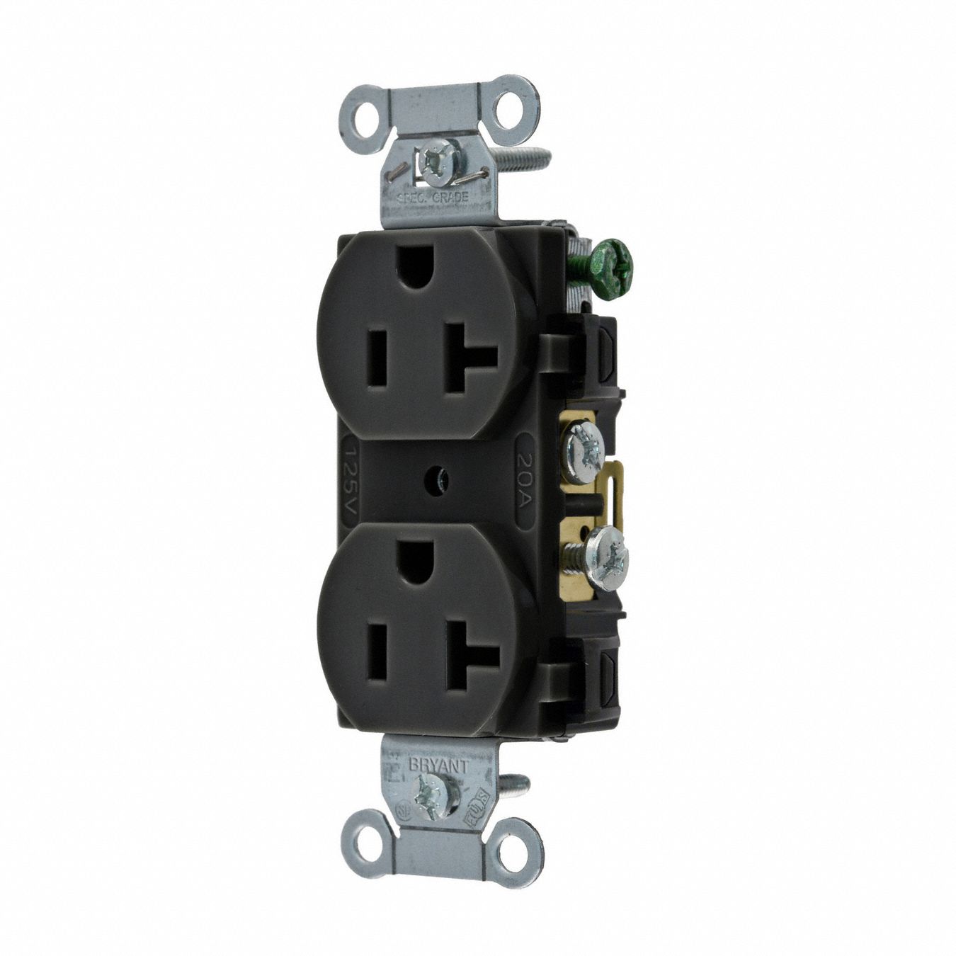 Receptacle: Duplex, Black, 5-20R, 20 A, 125V AC, 2 Pole / 3 Wire, Screw Terminals