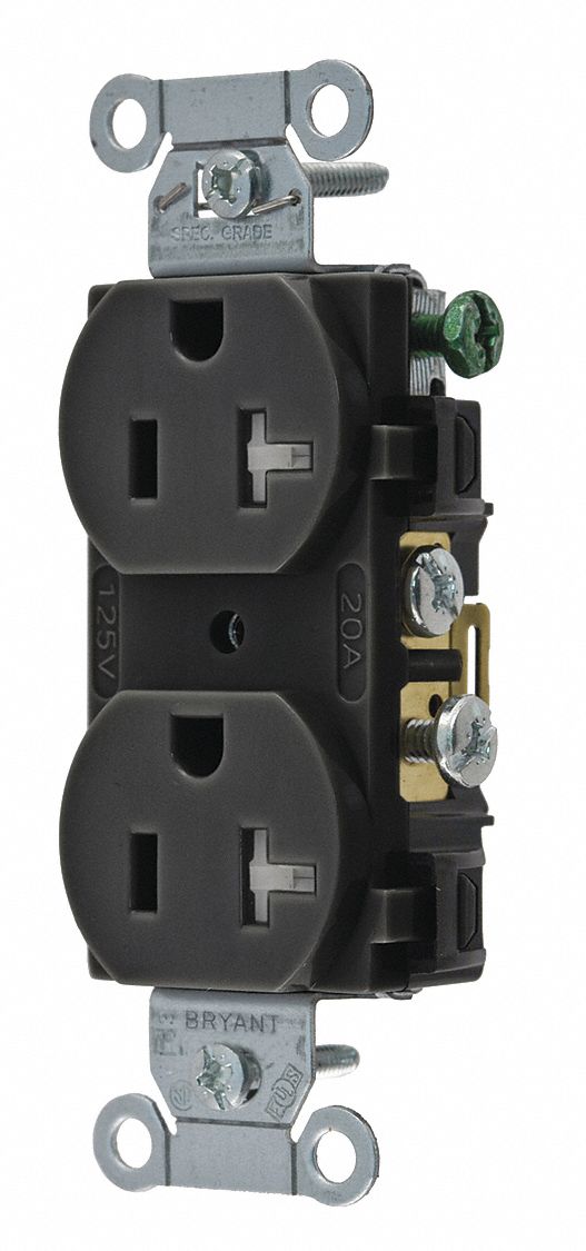RECEPTACLE, DUPLEX, BLACK, 5-20R, 20 A, 125V AC, 2 POLE/3 WIRE, SCREW TERMINALS