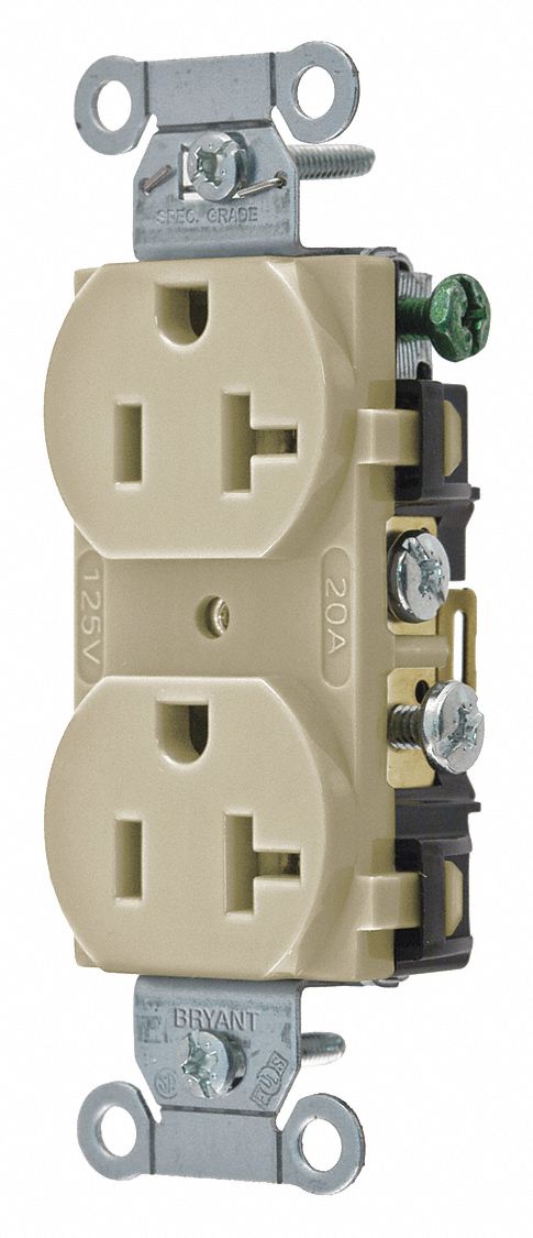 RECEPTACLE, DUPLEX, IVORY, 5-20R, 20 A, 125V AC, 2 POLE/3 WIRE, SCREW TERMINALS