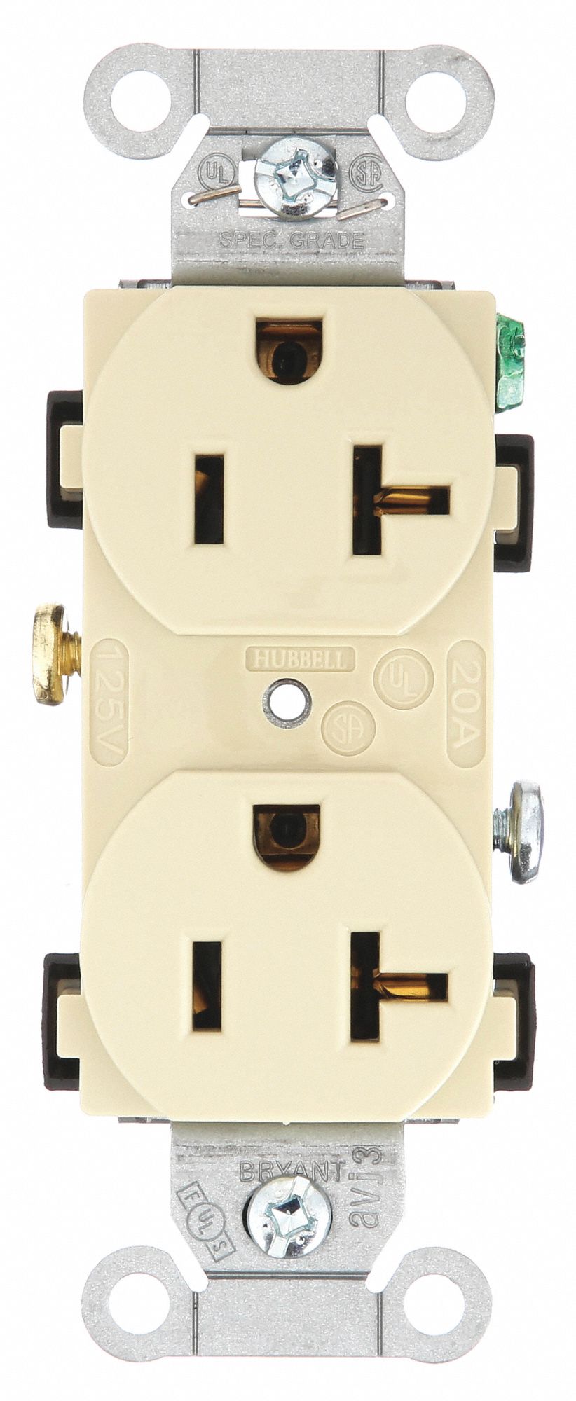 RECEPTACLE, DUPLEX, IVORY, 5-20R, 20 A, 125V AC, 2 POLE/3 WIRE, SCREW TERMINALS