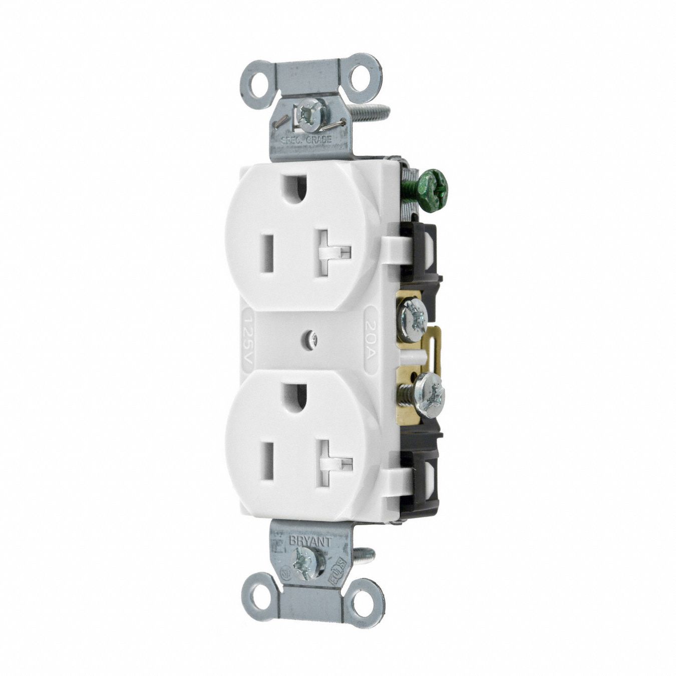 Receptacle: Duplex, White, 5-20R, 20 A, 125V AC, 2 Pole / 3 Wire, Screw Terminals