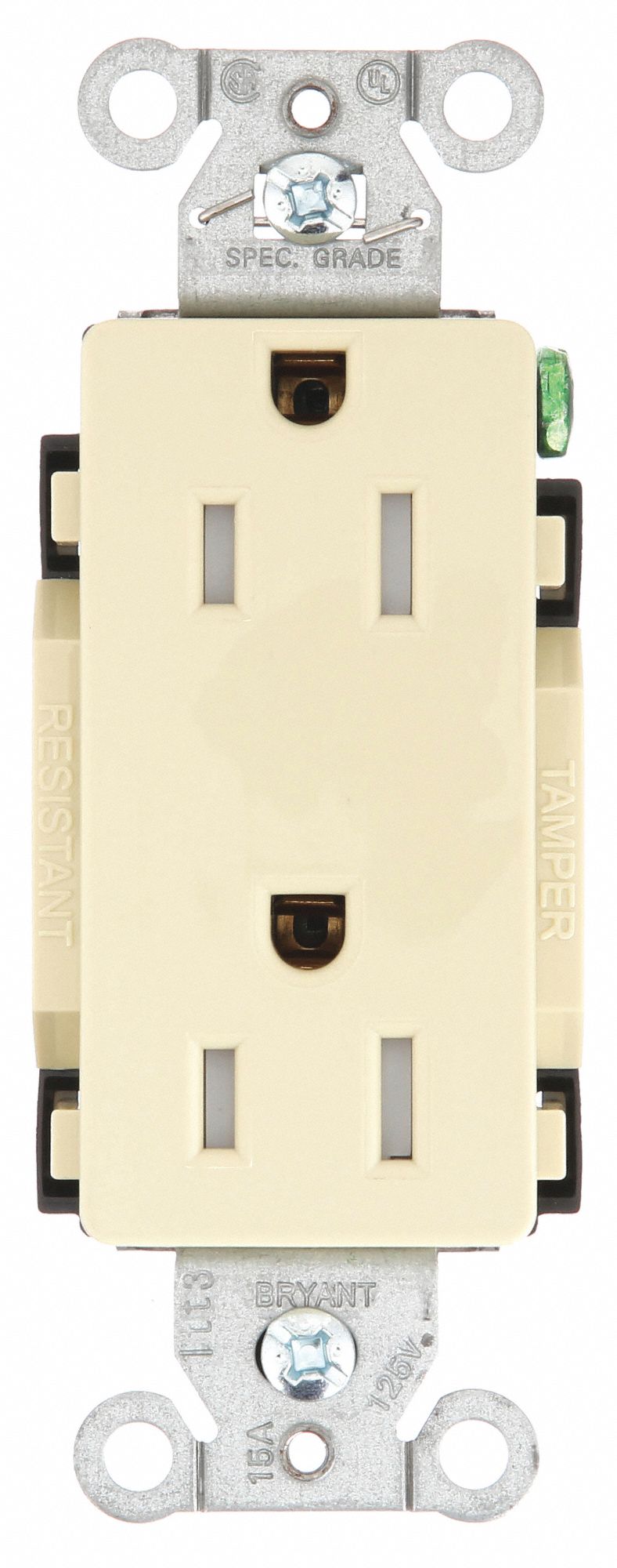 Receptacle: Decorator Duplex, Ivory, 5-15R, 15 A, 125V AC, 2 Pole / 3 Wire, Screw Terminals