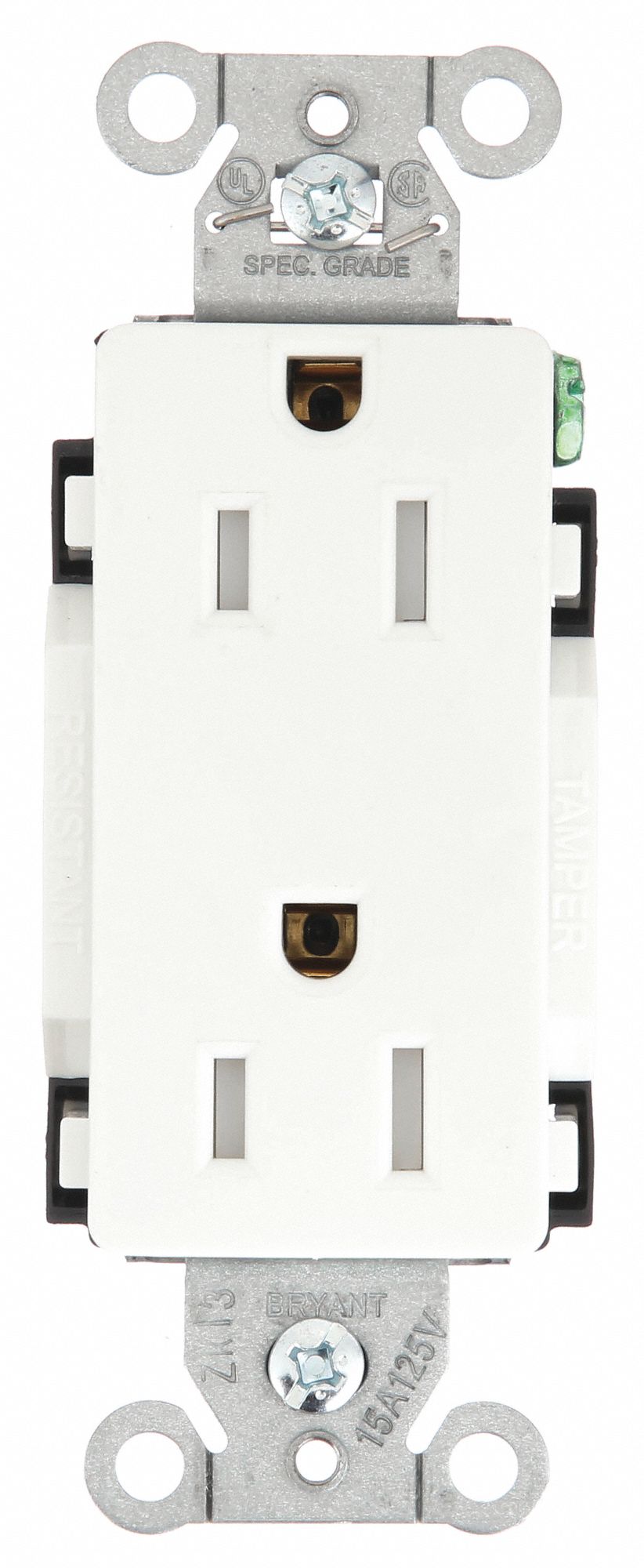 Receptacle: Decorator Duplex, White, 5-15R, 15 A, 125V AC, 2 Pole / 3 Wire, Screw Terminals