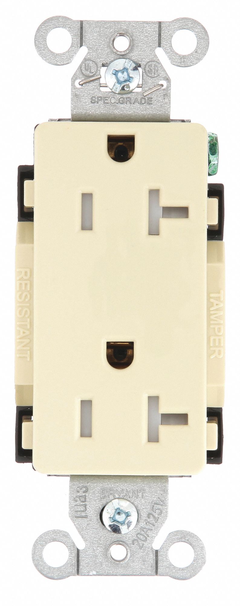 Receptacle: Decorator Duplex, Ivory, 5-20R, 20 A, 125V AC, 2 Pole / 3 Wire, Screw Terminals
