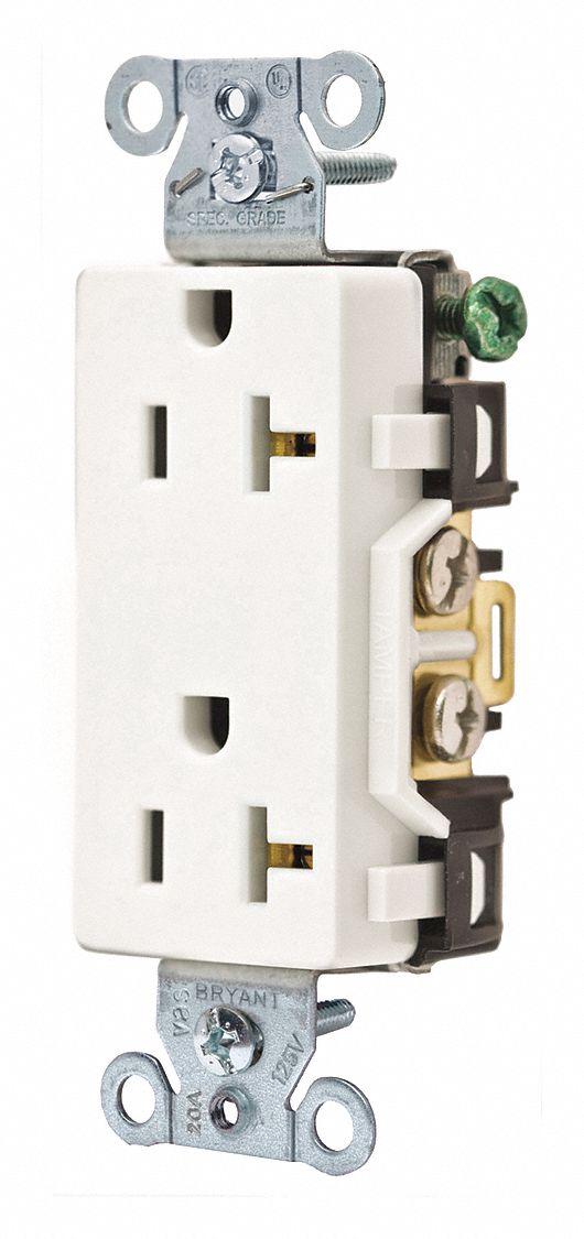 RECEPTACLE, DECORATOR DUPLEX, WHITE, 5-20R, 20 A, 125V AC, 2 POLE/3 WIRE