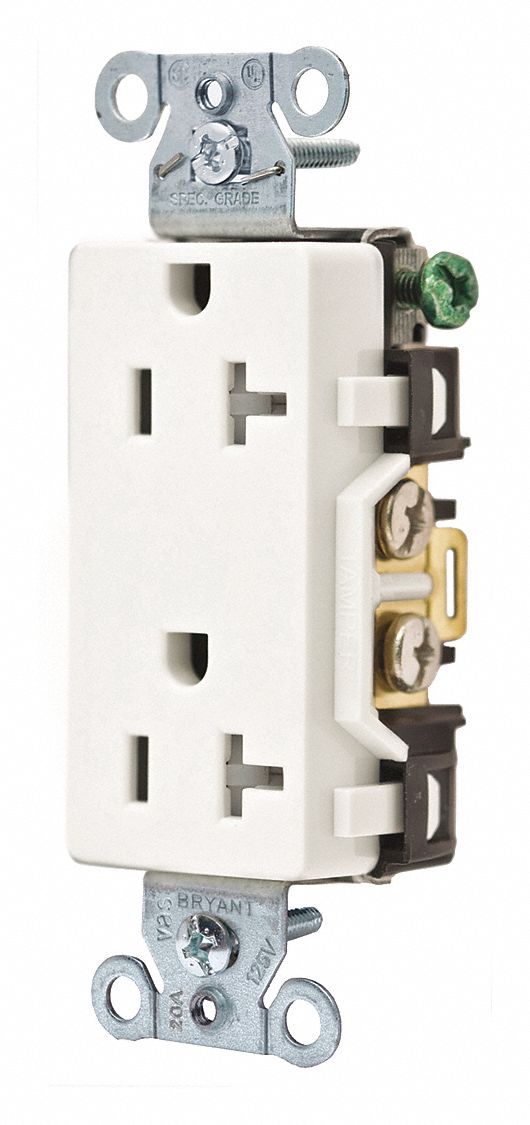 RECEPTACLE, DECORATOR DUPLEX, WHITE, 5-20R, 20 A, 125V AC, 2 POLE/3 WIRE