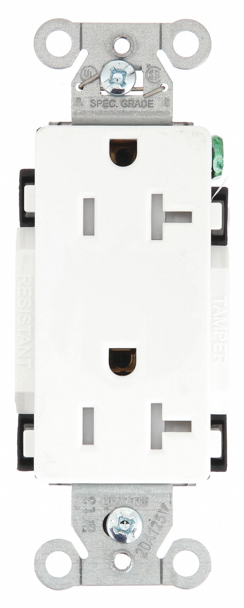 Receptacle: Decorator Duplex, White, 5-20R, 20 A, 125V AC, 2 Pole / 3 Wire, Screw Terminals