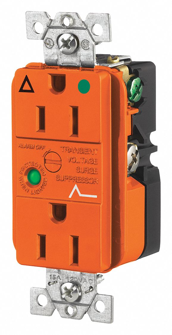 Receptacle: Duplex, 5-15R, 15 A, 125V AC, Orange, 2 Pole / 3 Wire Poles & Wires, Gen Purpose