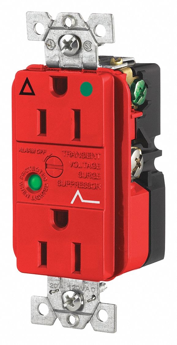Receptacle: Duplex, 5-15R, 15 A, 125V AC, Red, 2 Pole / 3 Wire Poles & Wires, Screw Terminals